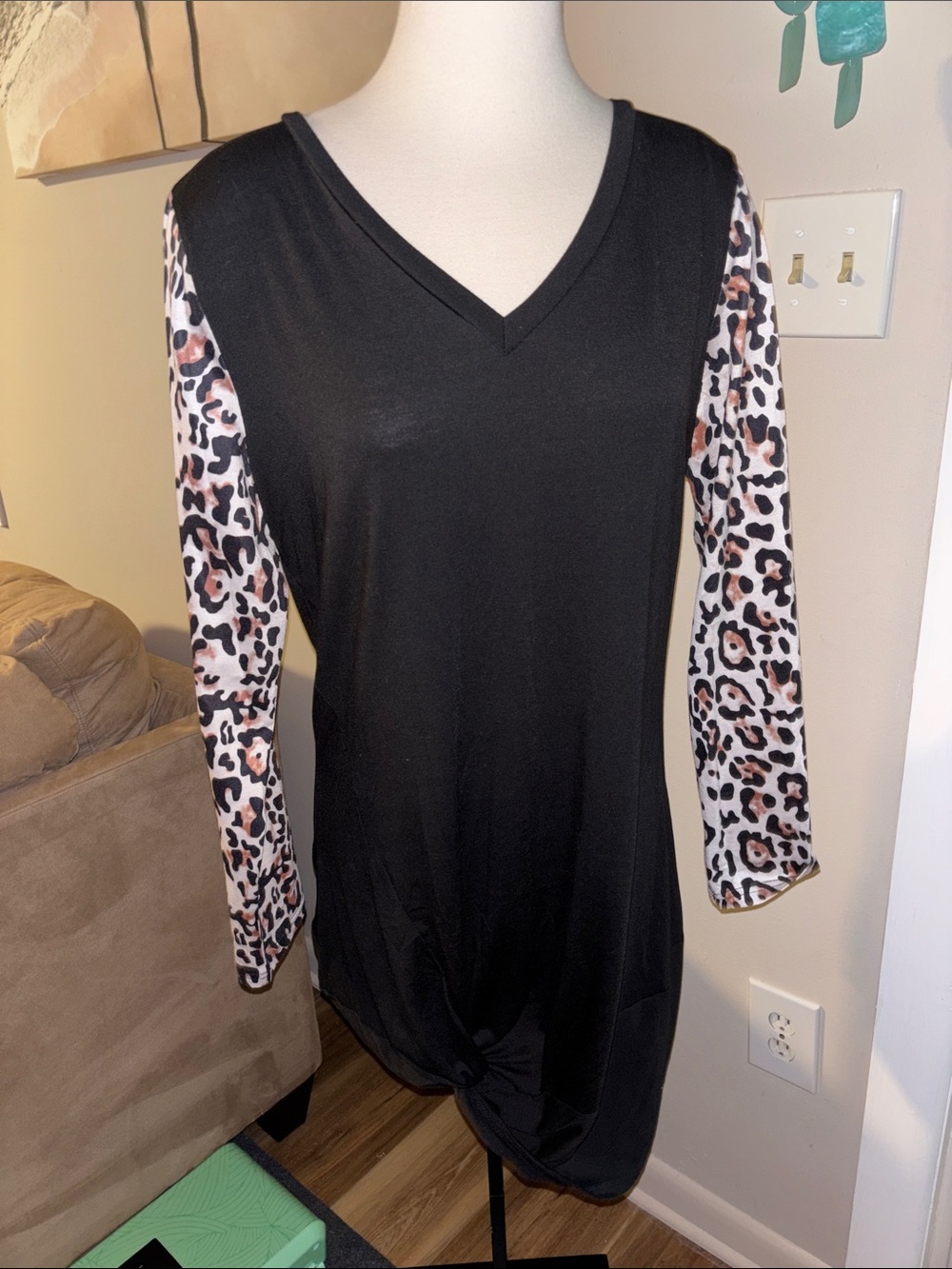 Women's Black V-Neck Dress with Leopard Print Sleeves